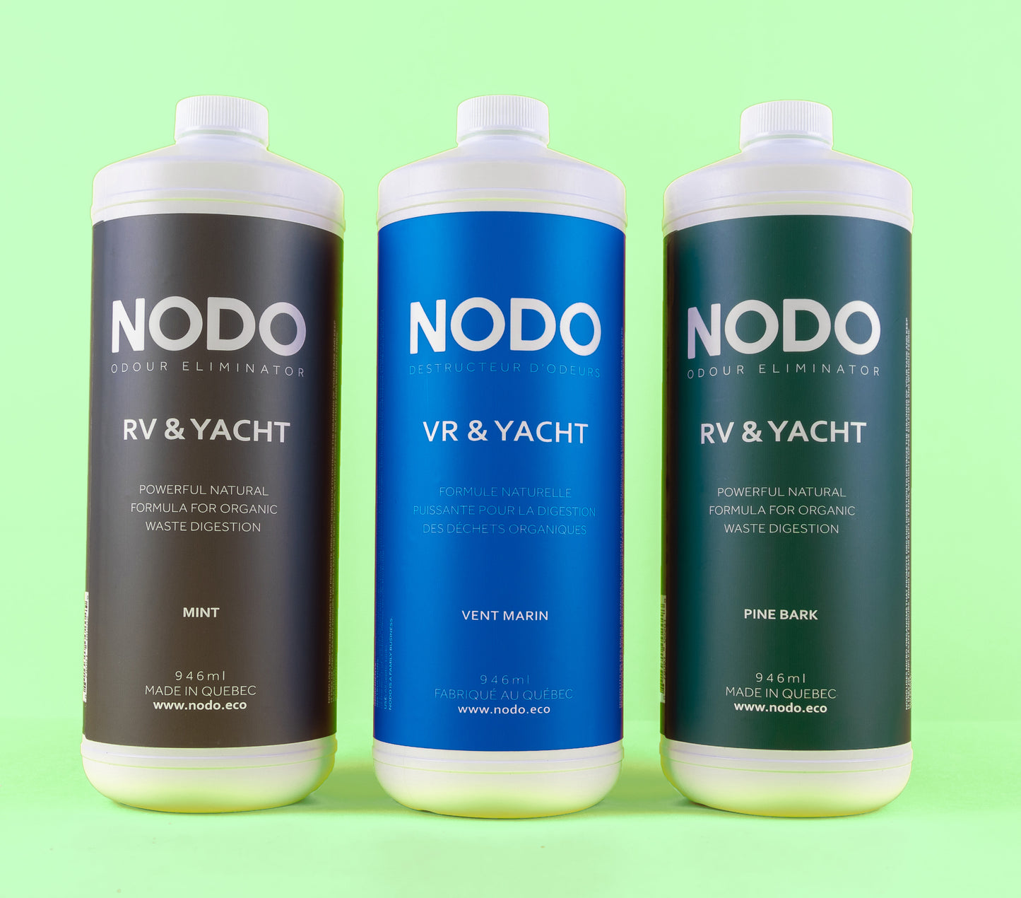 3 bouteilles montrant les différents arômes de NODO neutralisant d'odeurs pour eaux noires