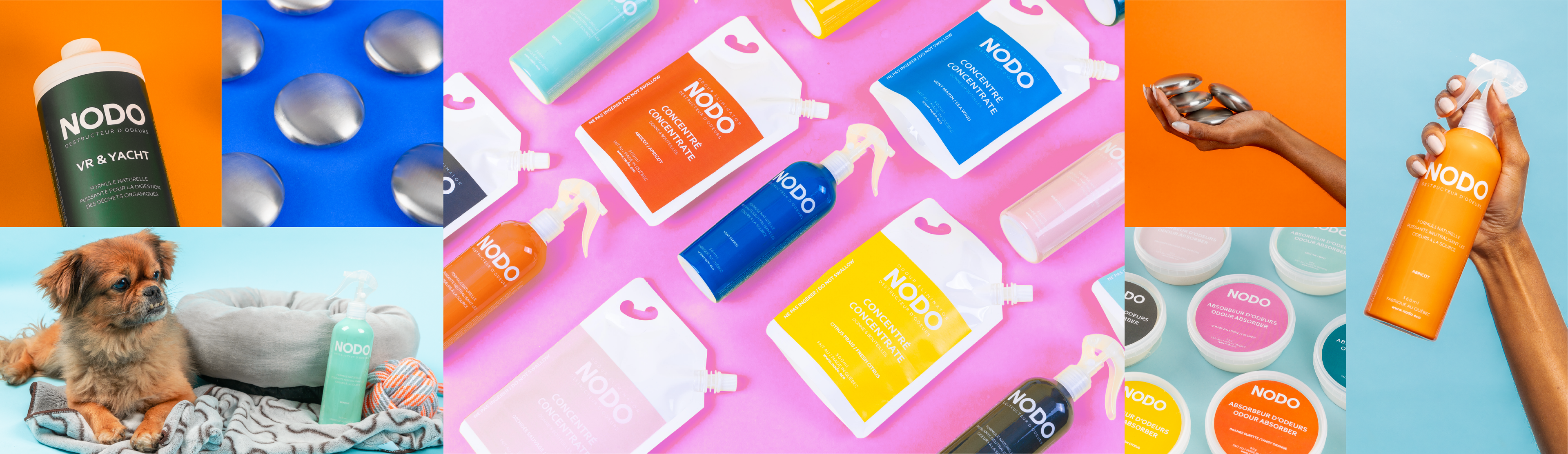 Montage d'images vibrantes des produits destructeurs d'odeurs NODO comme nos absorbeurs d'odeurs, nos vaporisateurs neutralisants d'odeurs et nos éliminateurs d'odeurs pour les véhicules récréatifs et les embarcations nautiques