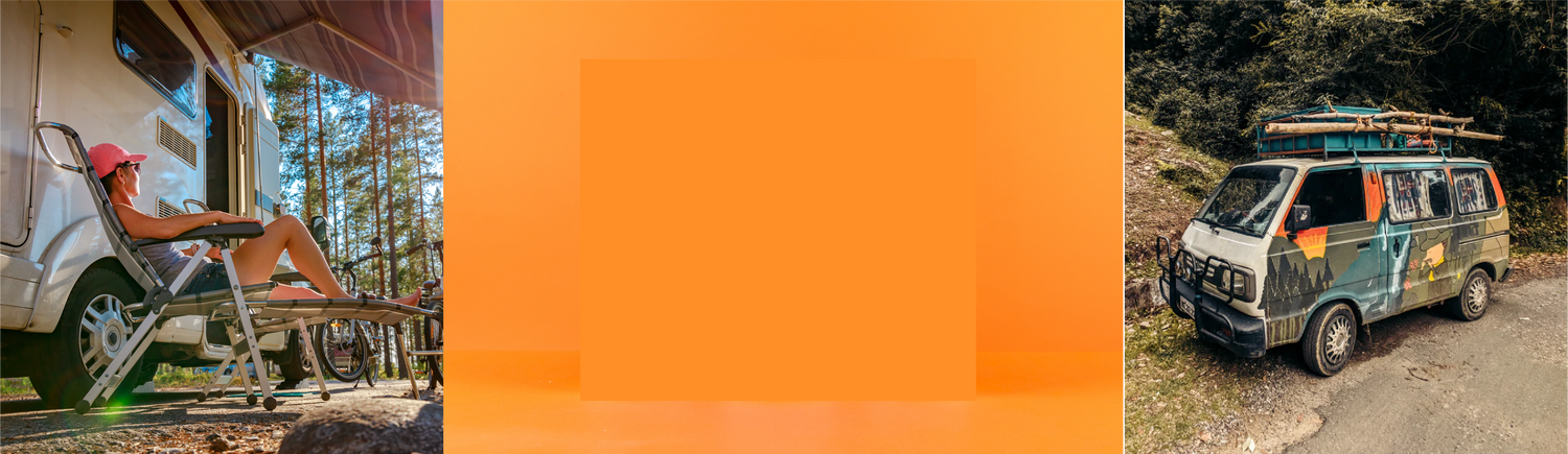 3 images forment ce montage de photos. La première montre une femme allongée sur une chaise devant sa roulotte. Celle du centre est un rectangle orange pour donner un effet pop et celle de droite un véhicule récréatif coloré en bordure de route.