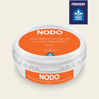 Absorbeur d’odeurs NODO 200ml – Fragrance Tropicale. Format rond avec couvercle orange vif.