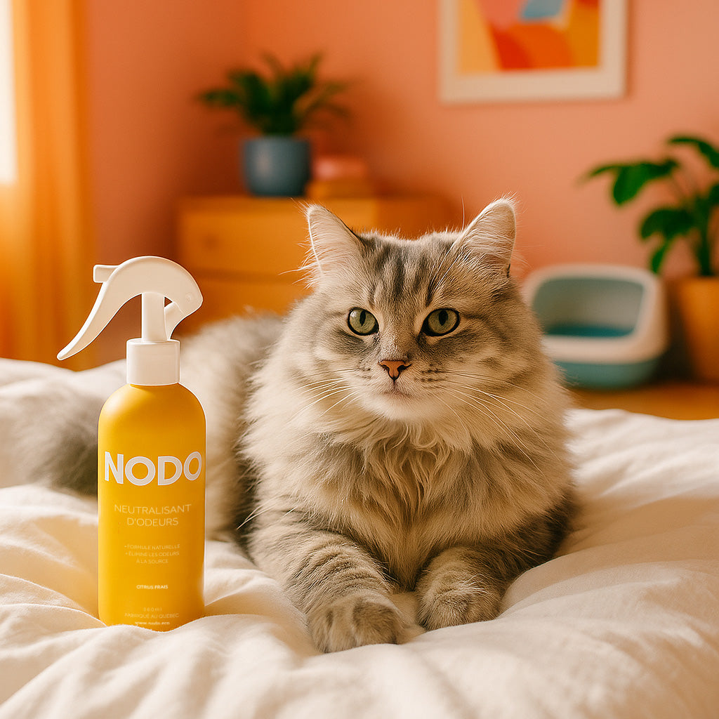 Chat gris à poils longs allongé sur une couette blanche avec un vaporisateur NODO Citrus Frais, dans une chambre lumineuse avec litière en arrière-plan.