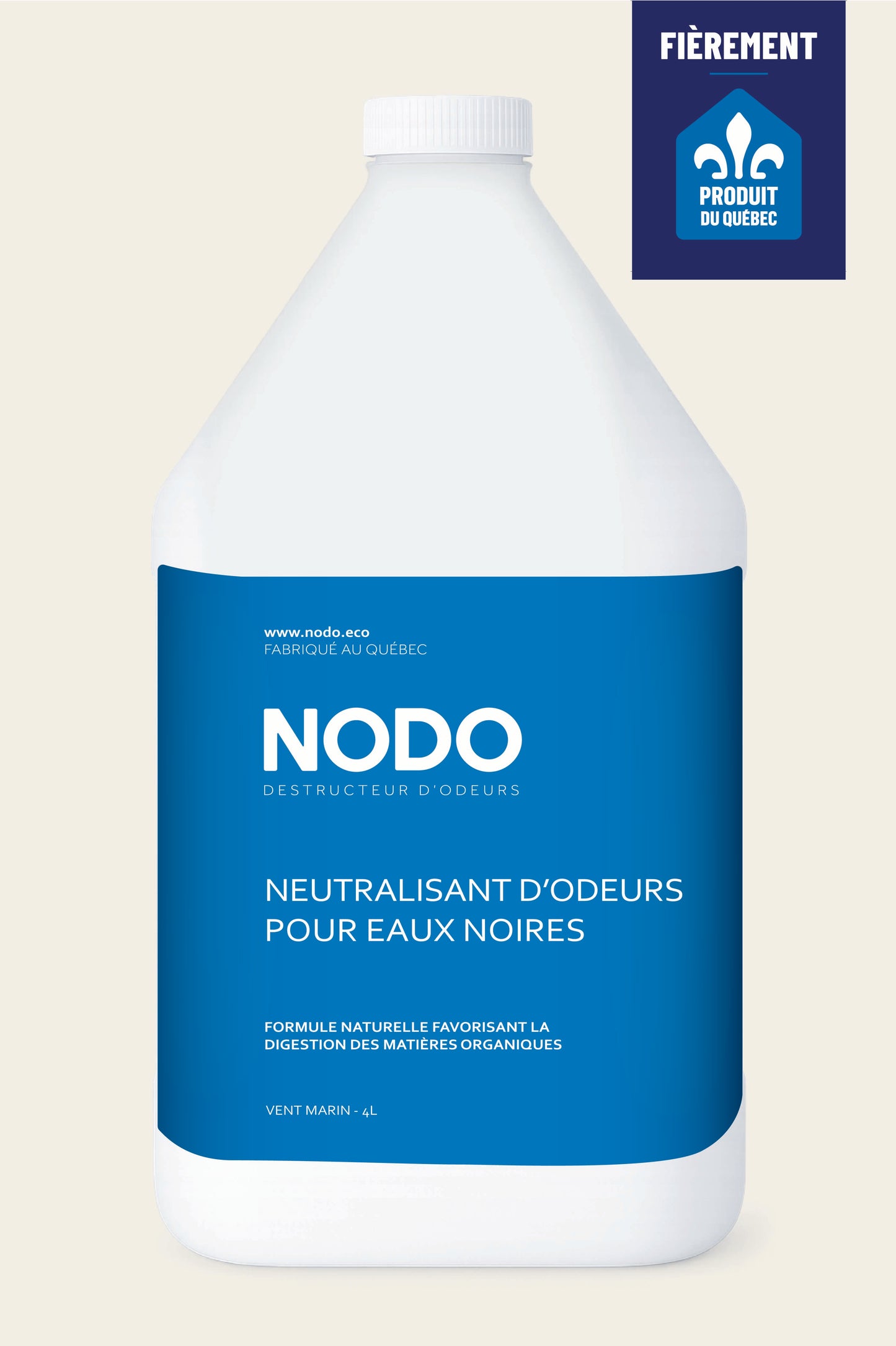 Bouteille NODO Neutralisant d’odeurs pour eaux noires Vent Marin 4 L – format économique fabriqué au Québec pour VR, bateaux et toilettes portatives.