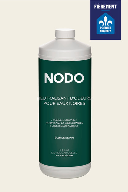 Bouteille NODO Neutralisant d’odeurs pour eaux noires Écorce de Pin 946 ml – neutralise efficacement les mauvaises odeurs tout en favorisant la digestion naturelle des matières organiques.