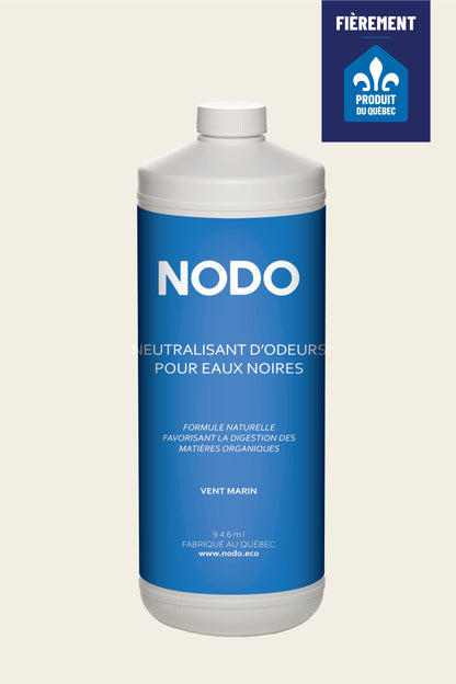 Bouteille NODO Neutralisant d’odeurs pour eaux noires Vent Marin 946 ml – formule naturelle favorisant la digestion des matières organiques dans les réservoirs de VR et bateaux.