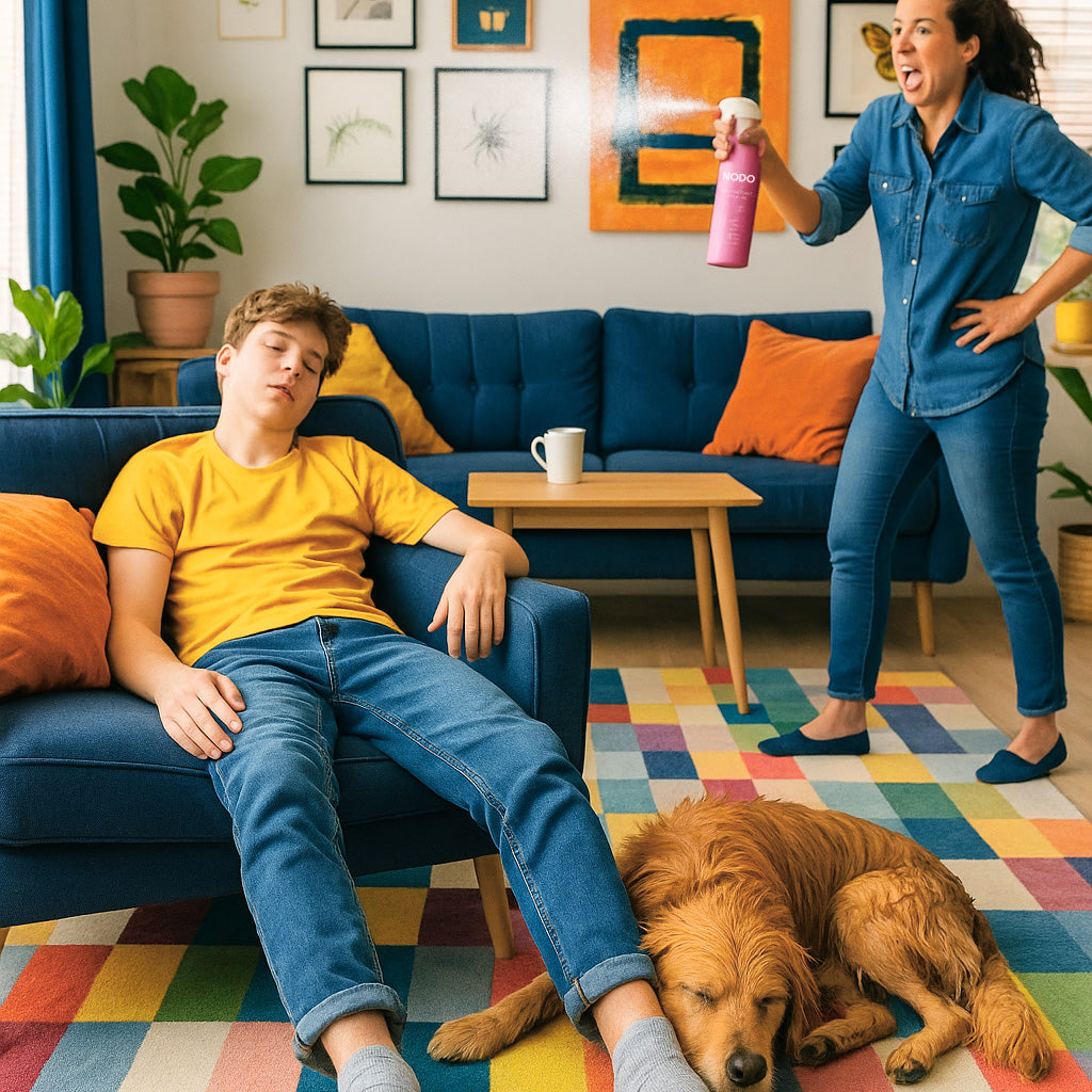 Un adolescent affalé sur un canapé avec des chaussettes sales et un chien mouillé à ses pieds, pendant qu’une femme vaporise un flacon NODO rose Gomme Balloune pour éliminer les odeurs. Scène humoristique dans un salon coloré et lumineux.