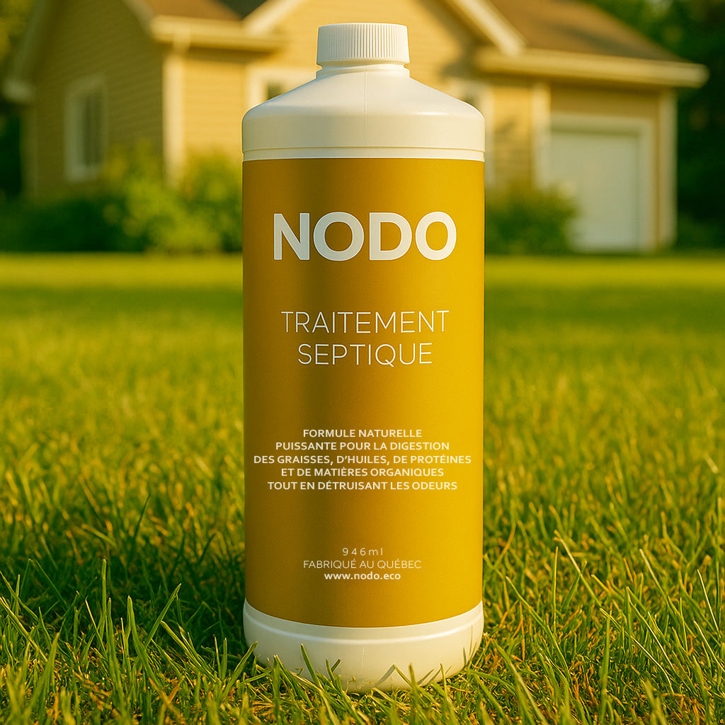 Bouteille NODO Traitement Septique posée sur une pelouse devant un chalet québécois, sous une lumière dorée – produit naturel fabriqué au Québec pour accélérer la digestion des graisses et éliminer les odeurs des fosses septiques.